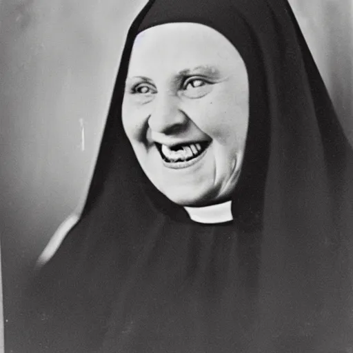 Image similar to antique photograph of an evil catholic nun, cracked and faded photo paper, morbidly obese, crazy eyes wide open, horror, staring at the camera, evil smile, sharp teeth, headshot, dark background, low light, dark