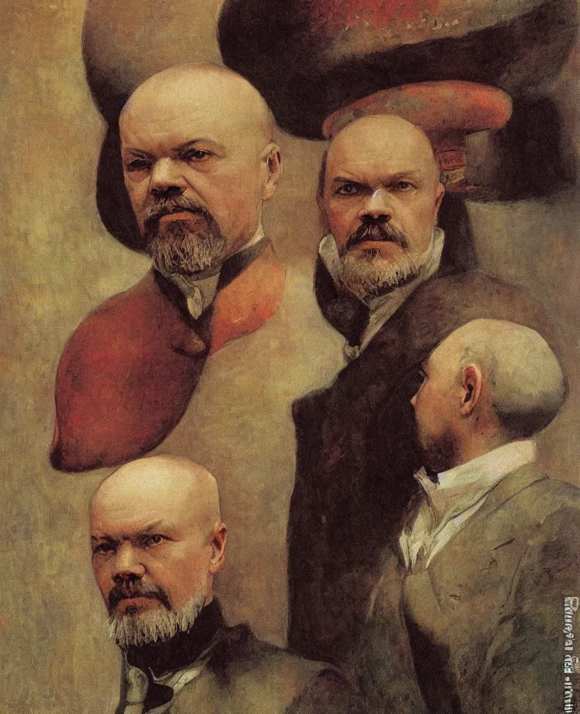 Prompt: A portrait of Vladimir Lenin as an anthropomorphic mushroom by Ilya Repin