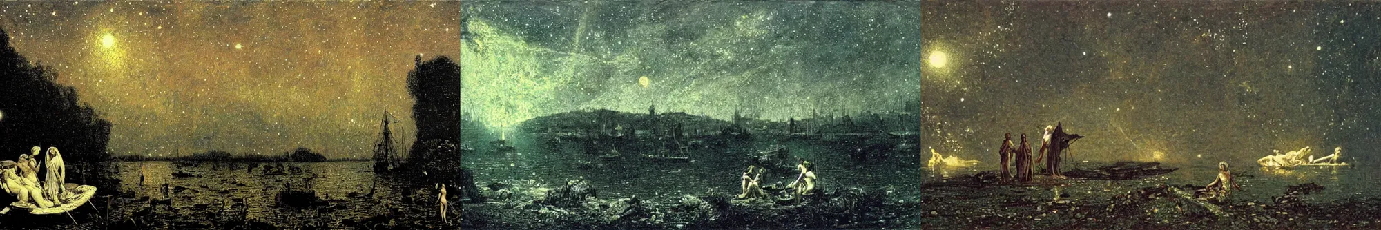 Prompt: the sky is a starry sky, gorgeous nebula is born, big scene, below is achilles and thetis in the river styx like the universe, in the style of smashing pumpkins mellon collie infinite sadness, trending on john atkinson grimshaw