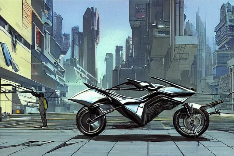 Image similar to cyberpunk hoverbike parked on city sidewalk concept art by syd mead