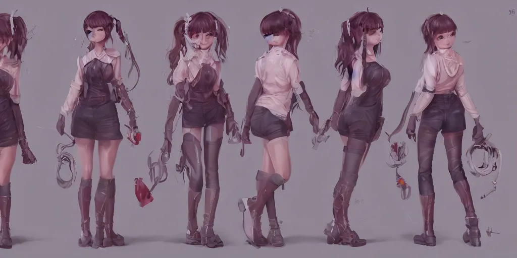 Image similar to character sheet of a incredibly cute and lovely girl, digital art by wlop. character design concept art. artstation contest winner, blade runner, scifi, candy girl. cyberwear