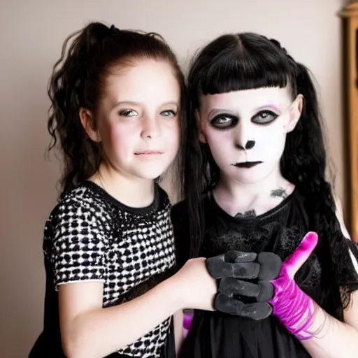 Prompt: 7-year-old goth girl, creepy girl in living room