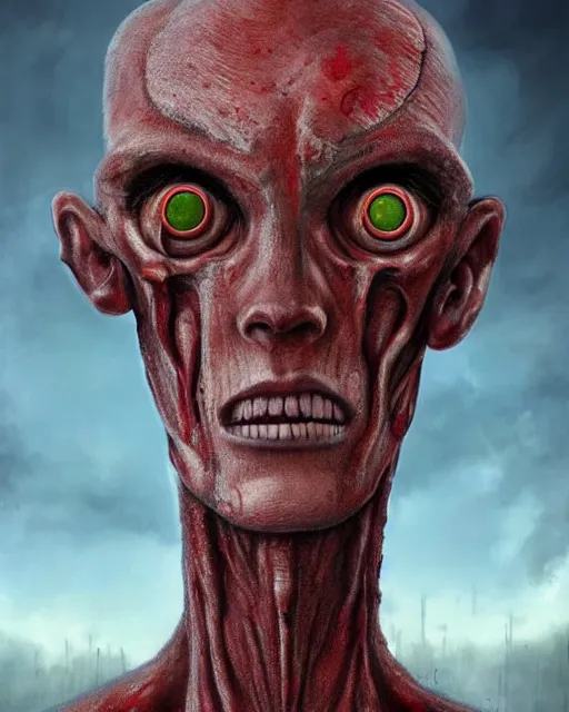 Image similar to Haunting horrifying hyperrealistic detailed painting of a tall slim flesh extraterrestrial creature made of concrete stone brick, covered in, heavy metal, disgusting, creepy, unsettling, and bloodshot eyeballs, hyper detailed, trending on Artstation