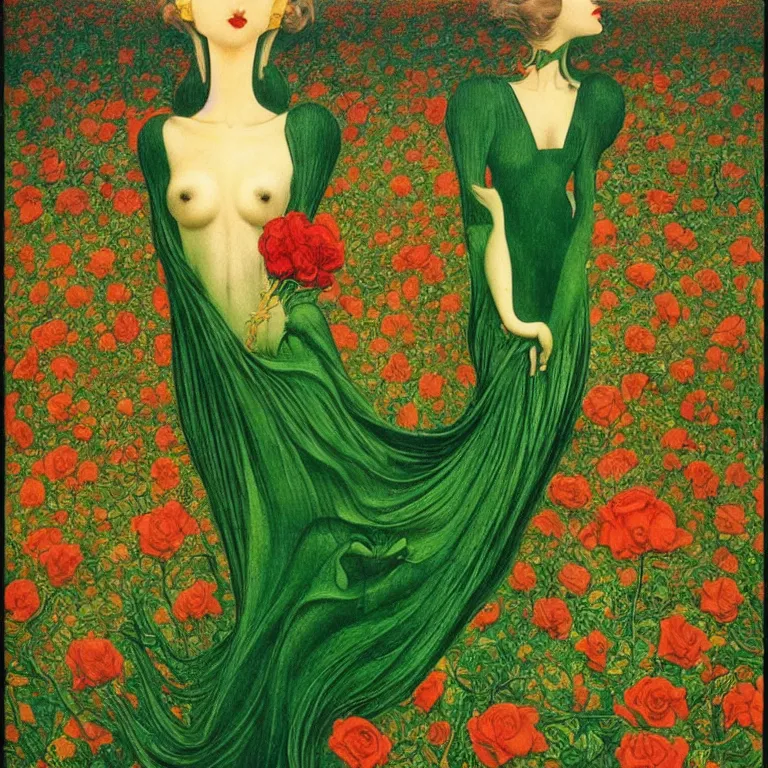 Image similar to !!!dream brunette woman standing in a green dress on a gold background, with black roses and red lips Anton Pic, Jean Delville, Amano, Yves Tanguy, Ernst Heckel, Edward Robert Hughes, Stanislaw Szukalski and Roger Dean photorealism