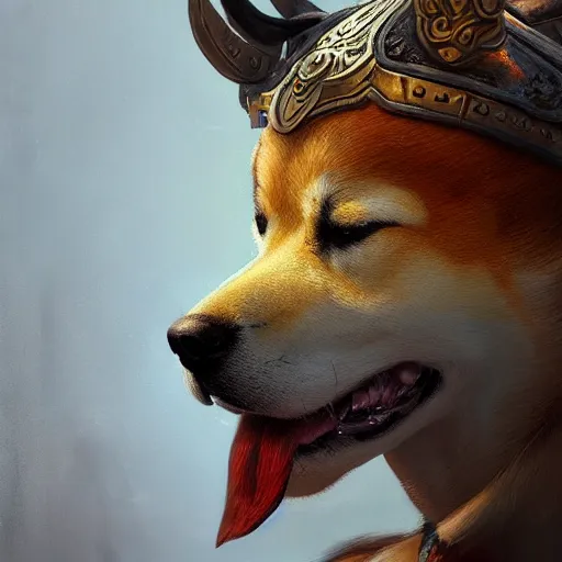Prompt: photorealistic painting of dog shiba inu wearing a highly detailed ornamented bronze viking helmet with two horns, sharp focus in the style of ruan jia, Mandy jurgens, cinematic light, concept art, trending on artstation, ultra realistic