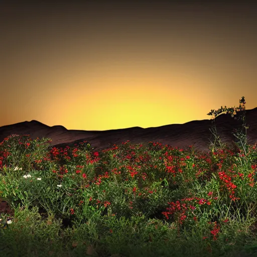 Prompt: mars with vegetation and flowers, sunset, hdr