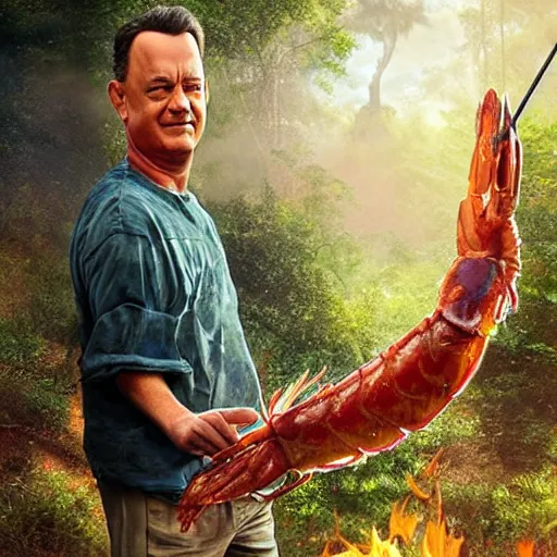 Image similar to Tom Hanks as forrest holding a giant shrimp on a stick over a campfire in the jungle, realistic digital painting, in the style of Aleksi Briclot, photoreailstic, realistic face, amazing detail, sharp