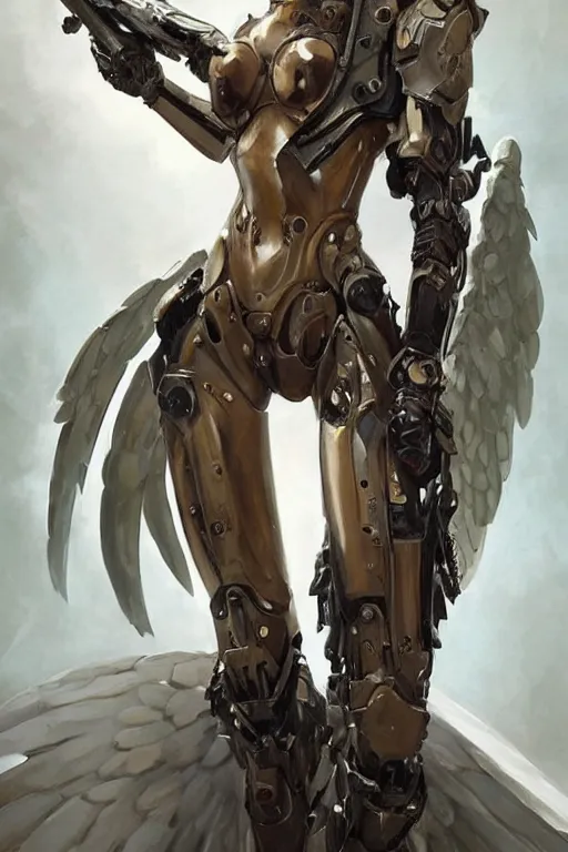 Prompt: a professional painting of a beautiful fallenangel mech woman, warhammer style , olive skin, long dark hair, beautiful bone structure, symmetrical facial features, intricate, elegant, digital painting, concept art, smooth, sharp focus, illustration, from Metal Gear, by Ruan Jia and Mandy Jurgens and Artgerm and William-Adolphe Bouguerea