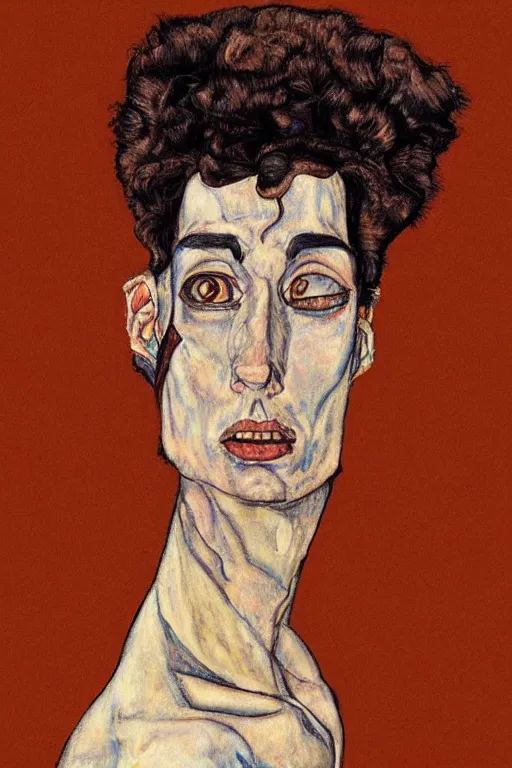 Image similar to a full body character in style of egon schiele and heracut, masterpiece, hyperdetailed, complex, intricate, veiled, 8 k, 4 k, dynamic!!, distorted pose!!, trending on artstation,