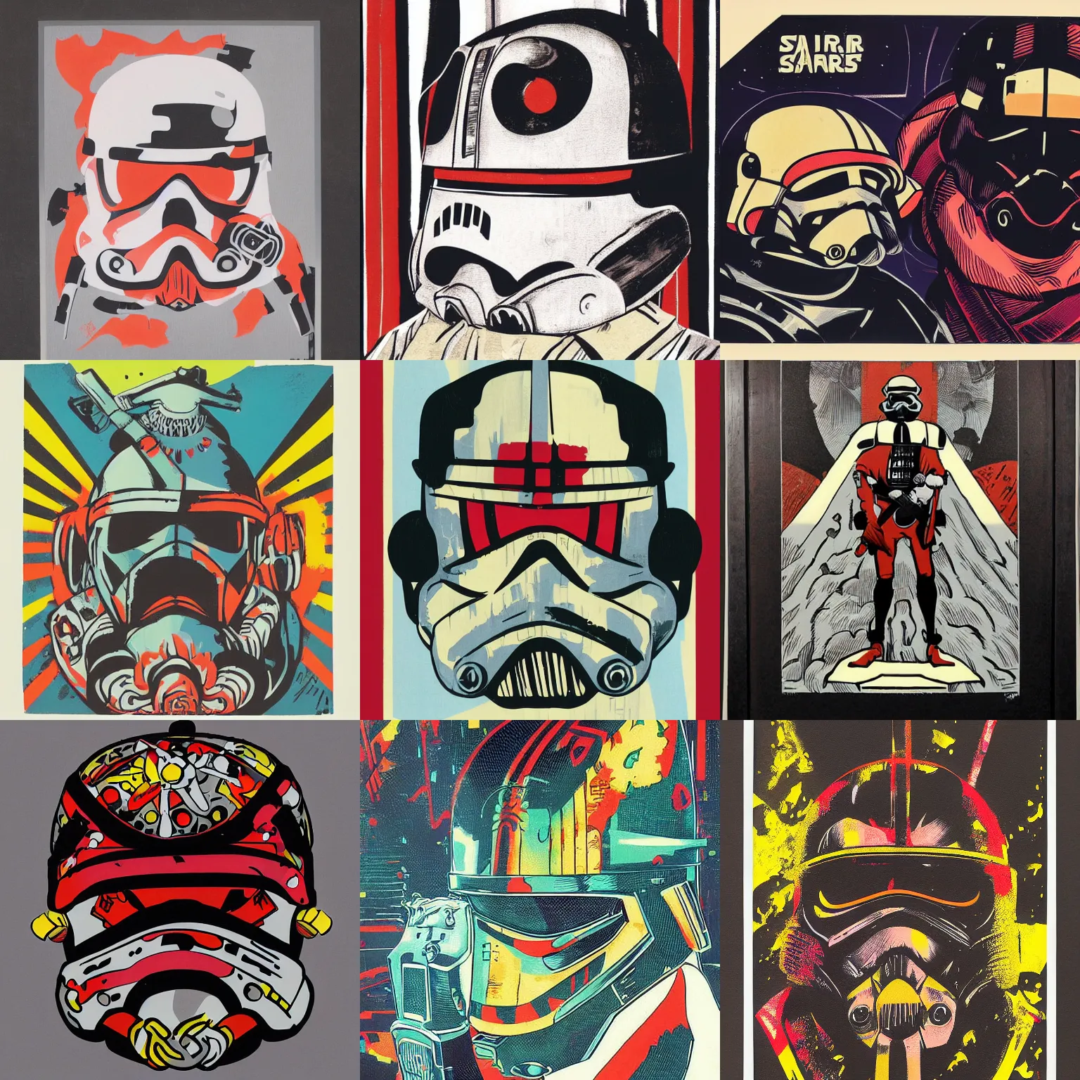 Prompt: a colorful silkscreen print of a samurai stormtrooper helmet by mike mignola