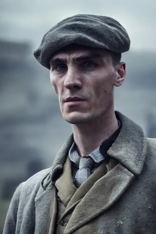 Image similar to a portait photo of Thomas Shelby in a battlefield, epic image, path tracing, complementary colours, high quality, 4k HDR, dramatic lighting, cinematic, highly detailed, high coherence, dedined face, anatomically correct, five fingers, war, cold environment