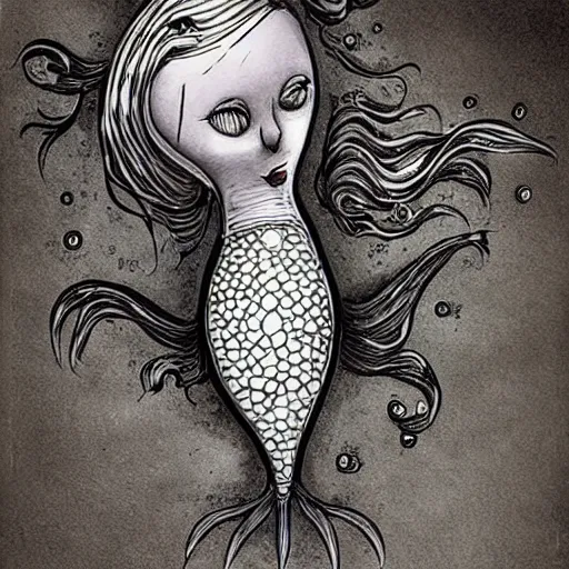 Prompt: a robotic mermaid, art by tim burton