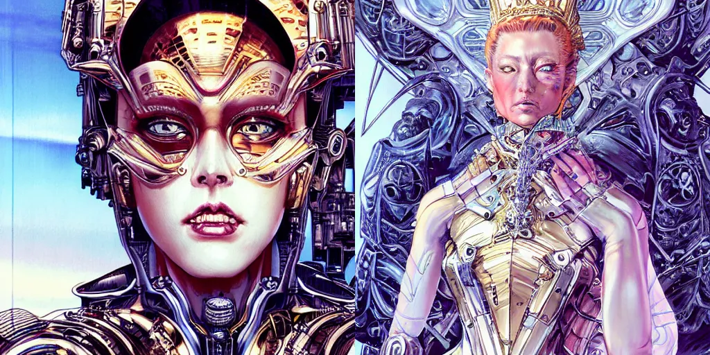 Prompt: portrait of a cyborg queen wearing a luxurious dress, face is highly detailed, by ayami kojima, masamune shirow, josan gonzalez, yoshitaka amano, dan mumford, barclay shaw