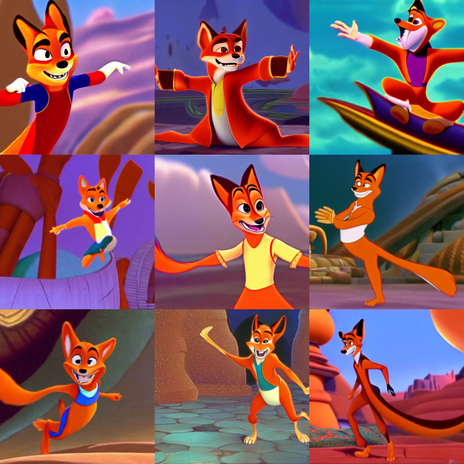 Prompt: nick wilde in disney's aladdin ( 1 9 9 2 ), animation still