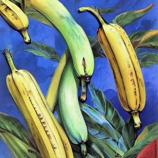 Prompt: •blue colored banana, banana is blue ~blue ~blue_banana, Thomas kindkade