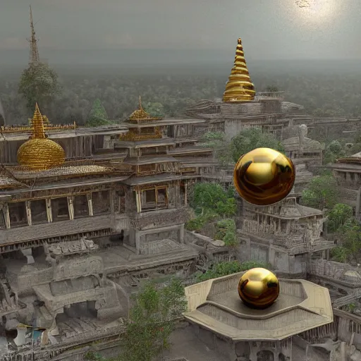 Prompt: photograph, realistic hyper detailed hardsurface modelled 3 d geometry, houdini destruction of aminimalist design temple, tarnished gold sphere is far far in the distance, deep perspective, wide angle, insanely detailed and intricate,, eal, gold, silver red, paradise hospital environment,