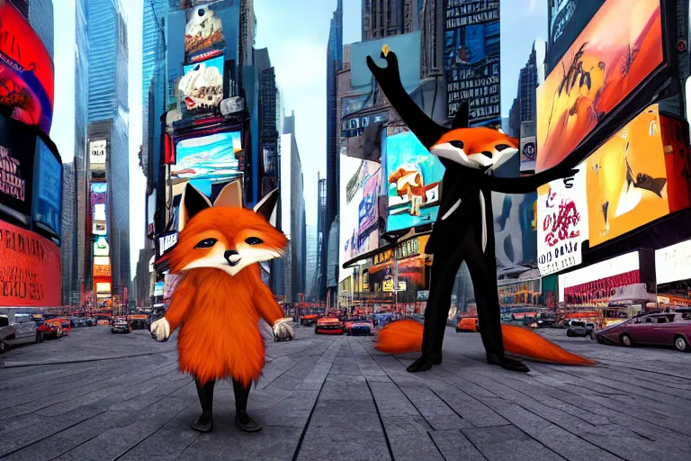 Prompt: anthropomorphic furry fox wearing a tuxedo stands on the times square ,detailed, environment, building, cinematic lights, rule of thirds, Artstation