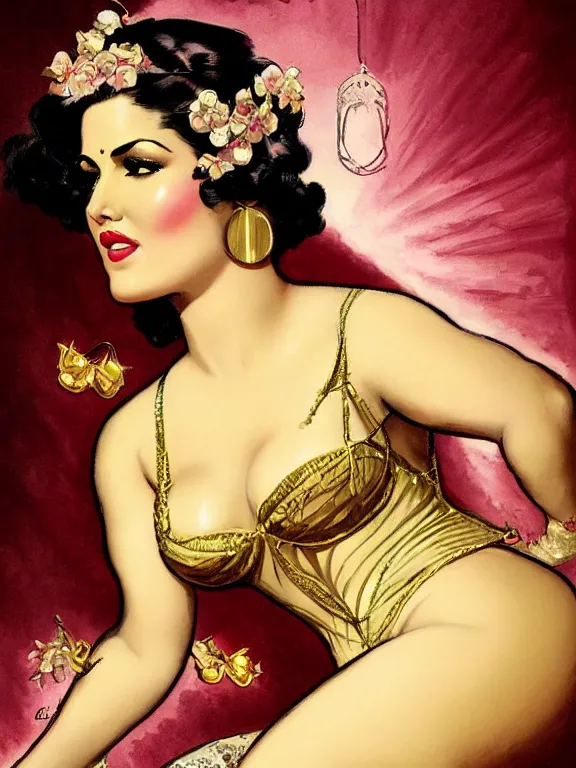 Prompt: sunny leone, a beautiful art nouveau portrait by Gil elvgren and Jim mahfood, 1920s city environment, centered composition, defined features, golden ratio, gold jewlery, photorealistic professional lighting, cinematic