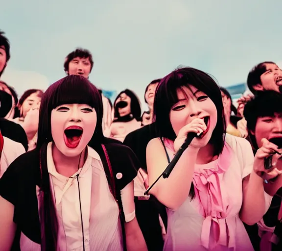 Prompt: photo of singers singing in a japan 1 9 8 0 pop music festival, and people enjoying the show, color photo, colored, ( sony a 7 r iv, symmetric balance, photolab, lightroom, 4 k, dolby vision, photography award )