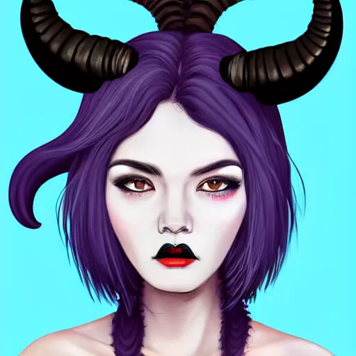 Image similar to illustrated portrait of ram-horned devil woman with blue bob hairstyle and hex #FFA500 colored skin tone and with solid black eyes wearing leather by rossdraws