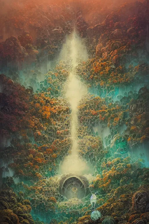 Image similar to a tall monolithic brutalist stone autumnal building plunging in to a giant sink hole in the ground, a surreal moonscape of autumnal tiers spreading, trees and geology made of dripping fluid, ornate, peter mohrbacher, fred tomaselli, victo ngai, roger dean