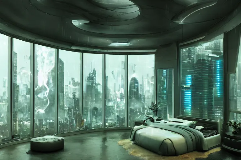 Image similar to a futuristic bedroom with large curved ceiling high windows looking out to a far future cyberpunk cityscape, cyberpunk neon lights, raining, scifi