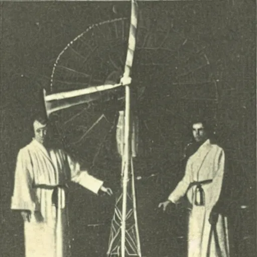 Image similar to an 1800s photo of a windmill. Cult worshippers in robes.