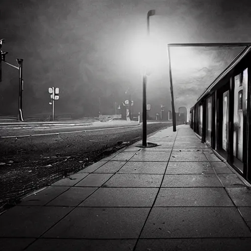 Image similar to dark city bus stop, urbex photography, very detailed,ArtStation