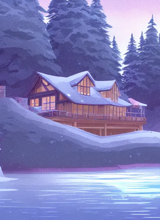 Image similar to a lake house in winter, trending on artstation, ghibli style, anime, concept art,