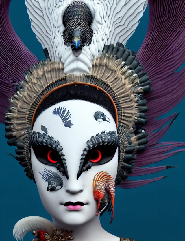 Image similar to 3 d goddess close - up profile simple portrait punk with mohawk with ram skull. beautiful intricately detailed japanese crow kitsune mask and clasical japanese kimono. betta fish, jellyfish phoenix, bio luminescent, plasma, ice, water, wind, creature, artwork by tooth wu and wlop and beeple and greg rutkowski