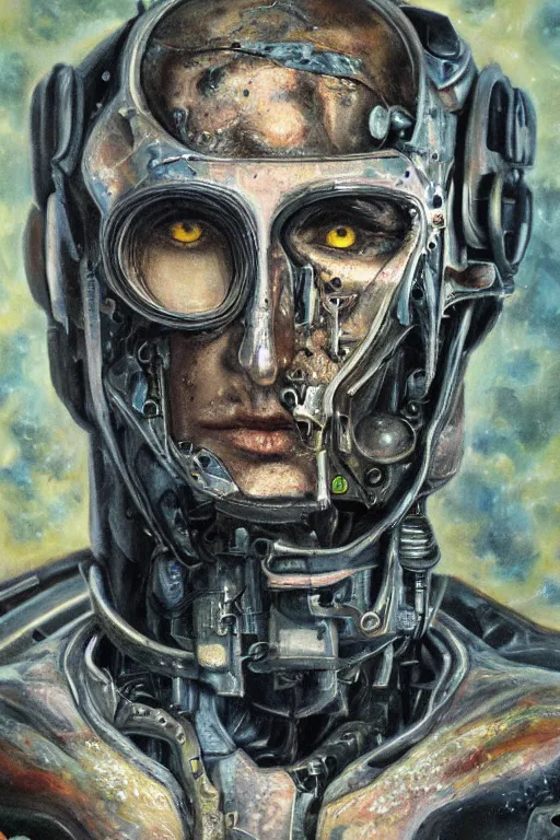 Image similar to oil painting, close-up, hight detailed, melting cyborg had half his face cut off, in style of 80s sci-fi art, neodada