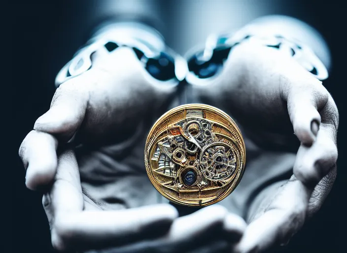 Image similar to mechanical cybernetic hands holding a coin worth 1 human soul to be traded in hell. centered. horror cyberpunk dystopia style. highly detailed 8 k. intricate. nikon d 8 5 0 3 0 0 mm. award winning photography.
