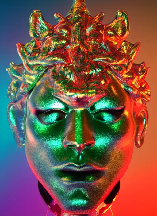 Prompt: photo of baroque and bladerunner delicate neon ruby sculpture of seductive ceramic albino king william levy tigers orange iridescent humanoid deity wearing metallic green hoody made out of leaves holding the sun in a reflective prismatic dungeon, reclining, glowing rainbow face, crown of white diamonds, cinematic lighting, photorealistic, octane render 8 k depth of field 3 d