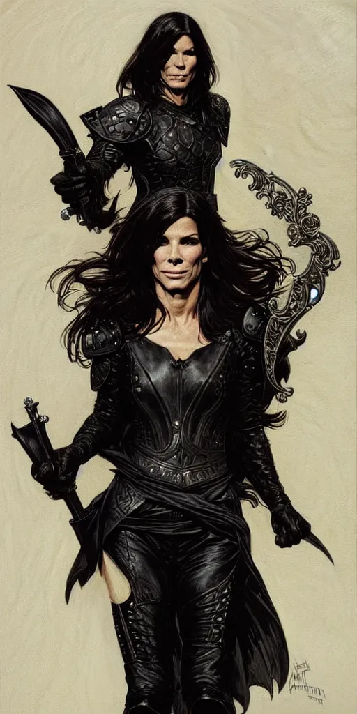 Prompt: portrait of sandra bullock as a thief wearing black leather armor and wielding a dagger in a dark alleyway, fantasy, intricate, elegant, highly detailed, digital painting, artstation, concept art, matte, sharp focus, illustration, art by travis charest and alphonse mucha