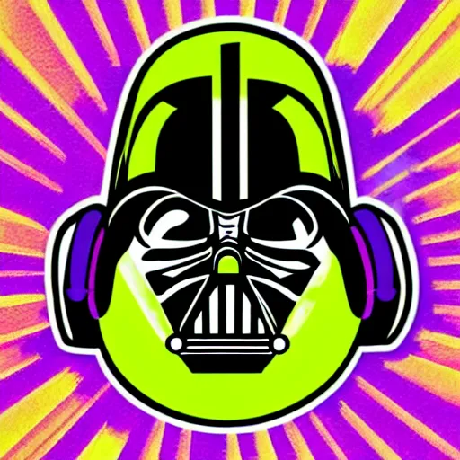 Image similar to svg sticker of a Pop-Wonder Darth-Vader at a rave, spinning records, giant headphones rocking out, wearing headphones, huge speakers, dancing, rave, DJ, spinning records, digital art, amazing composition, rule-of-thirds, award-winning, trending on artstation, featured on deviantart