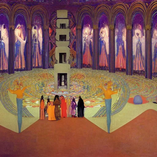 Image similar to a procession of women in a giant metaphysical temple, hyperrealistic film still by gottfried helnwein, by klimt, by paolo uccello, art nouveau, highly detailed, lights by edward hopper, liminal, eerie, metaphysical, bright pastel colors,