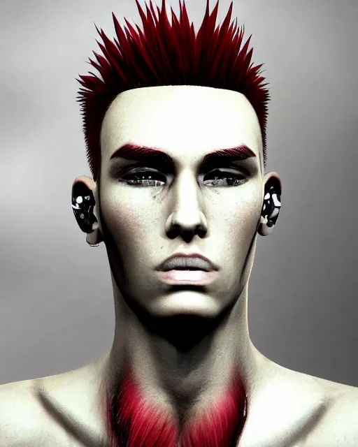 Prompt: young man with a short red dyed mohawk, red eyes and a slim face, gauged ears, dressed in crustpunk clothing, headshot, attractive, handsome, in color, no makeup, model, trending on artstation, high quality art, character design, realism