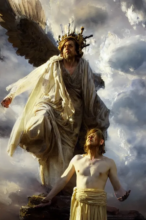 Image similar to beautiful detailed expressive impressionistic oil painting portrait of ancient roman god emperor steve buscemi levitating in angelic pose wearing the civic crown, art by anders zorn, wonderful masterpiece by greg rutkowski, expressive brush strokes, beautiful cinematic light, american romanticism by greg manchess, jessica rossier