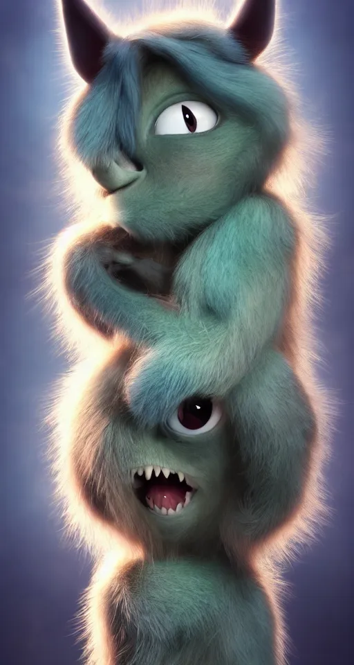 Image similar to a cute little baby monster with long fur, portrait, pixar style, extremely realistic photo, heaven background, cinematic lighting, award winning creature portrait photography