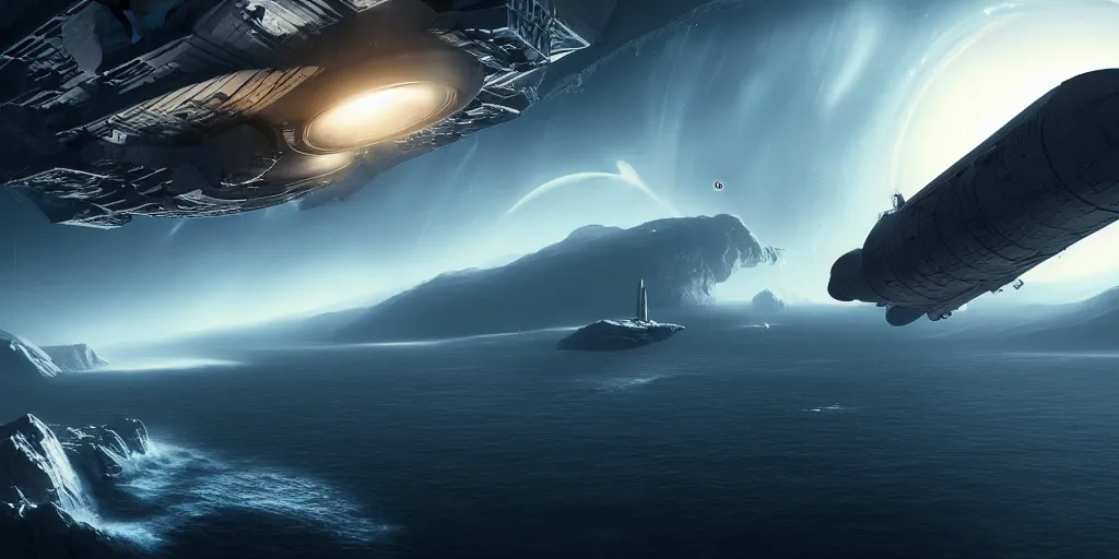 Prompt: a beautiful view of a massive spacecraft hovering above the fjord, matte painting, cinematic lighting, hyper - detailed, 4 k, scifi