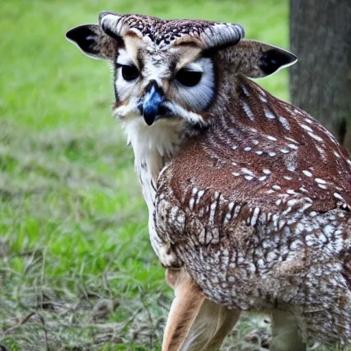 Prompt: photo of a hybrid between a deer and an owl