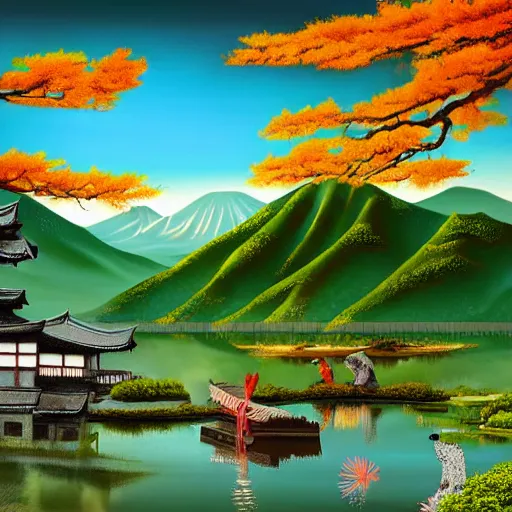 Image similar to japanese landscape, temple, mountains in distance, lake with japanese creatures in front, digital art, high quality