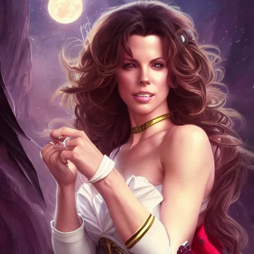 Prompt: Kate Beckinsale as Sailor Moon, western, D&D, fantasy, intricate, elegant, highly detailed, digital painting, artstation, concept art, matte, sharp focus, illustration, art by Artgerm and Greg Rutkowski and Alphonse Mucha