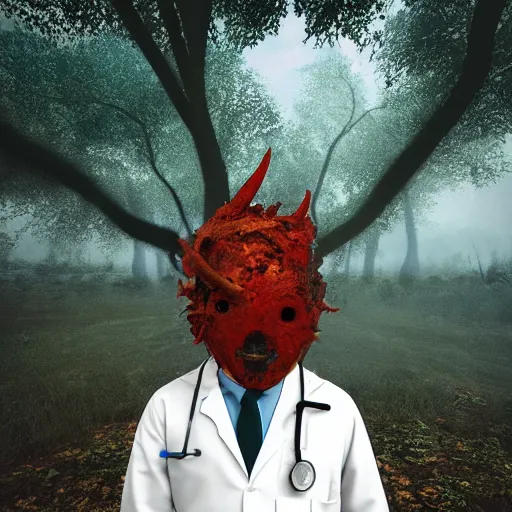 Prompt: An album cover, (fire), mask, stethoscope!, (doctor), 3d render, robot!, TV, (unreal engine), (rust), photograph, portrait, painting, (forest), (trees)