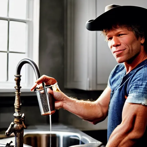 Image similar to photograph of Jon Bon Jovi with cowboy hat pouring beer from a tap into a dirty bowl in the kitchen sink