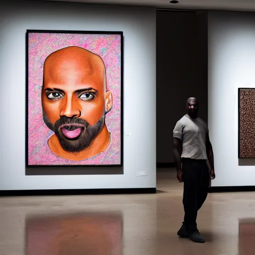 Image similar to a strikingly handsome bald 🧔🏿‍♂️ with a goatee viewing contemporary artwork at the Hirschhorn museum