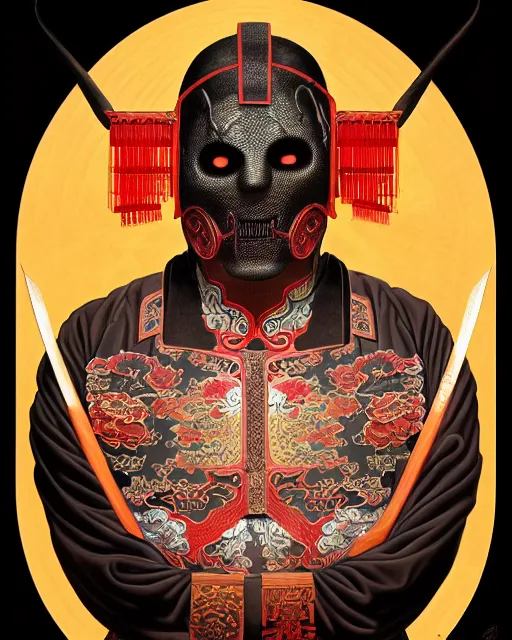 Image similar to portrait of slipknot band, upper half portrait, decorated with chinese opera motifs, asian, bian lian, traditional chinese art, intricate, elegant, highly detailed, symmetry, digital painting, artstation, concept art, smooth, sharp focus, illustration, art by artgerm and greg rutkowski and alphonse mucha, 8 k