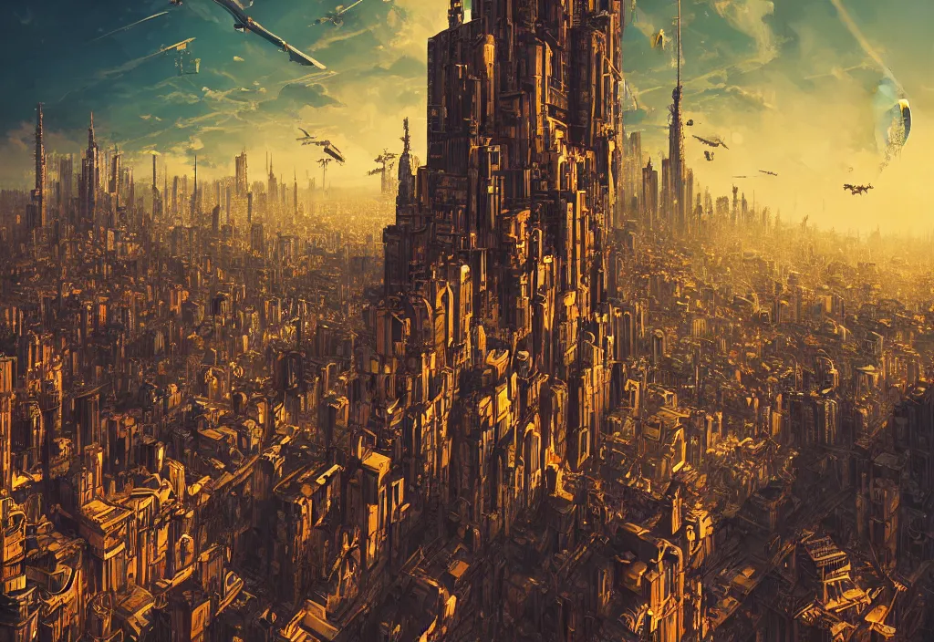 Prompt: flying city by alena aenami, city in the sky, buildings are flying, steampunk, digital art, 4 k, trending on artstation, impressive, epic composition, highly detailed, golden hour, no ground