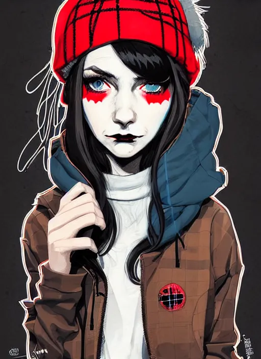 Image similar to highly detailed portrait of an new york sewer punk lady student, blue eyes, tartan hoody, hat, white hair by atey ghailan, by greg tocchini, by kaethe butcher, by james gilleard, gradient red, black, brown, cream and white color scheme, grunge aesthetic!!! ( ( graffiti tag wall ) )