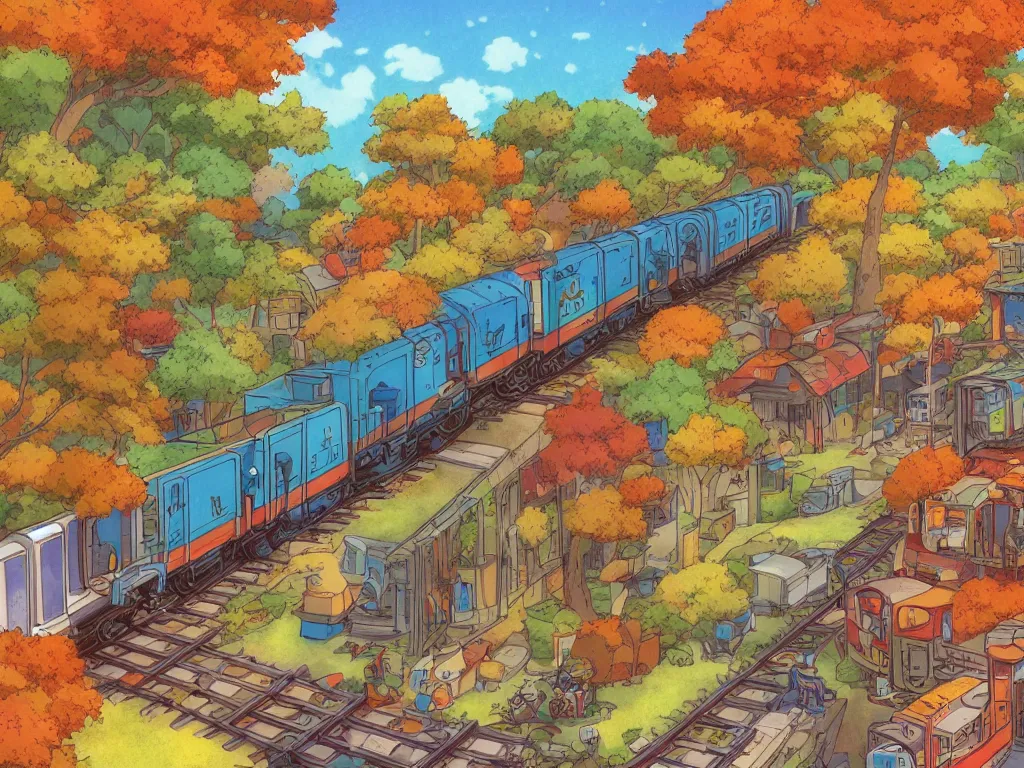Prompt: longitudinal cut sideview of a anime train, autumn light, colorful, beautiful, by studio ghibli, by hayao miyazaki, digital art, concept art, manga, cute and adorable, illustration